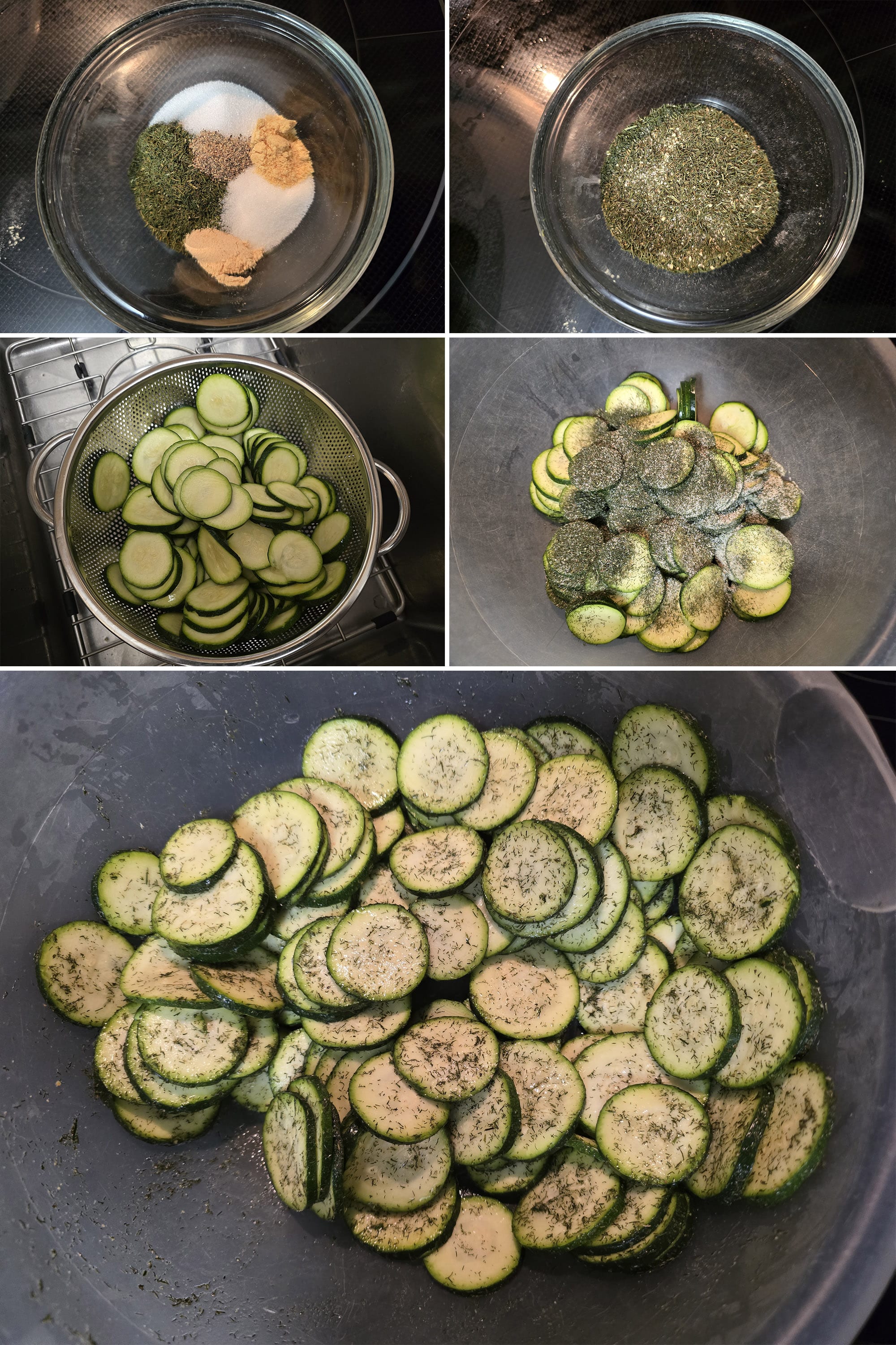 5 part image showing the seasoning being mixed, then tossed with the marinated zucchini chips.