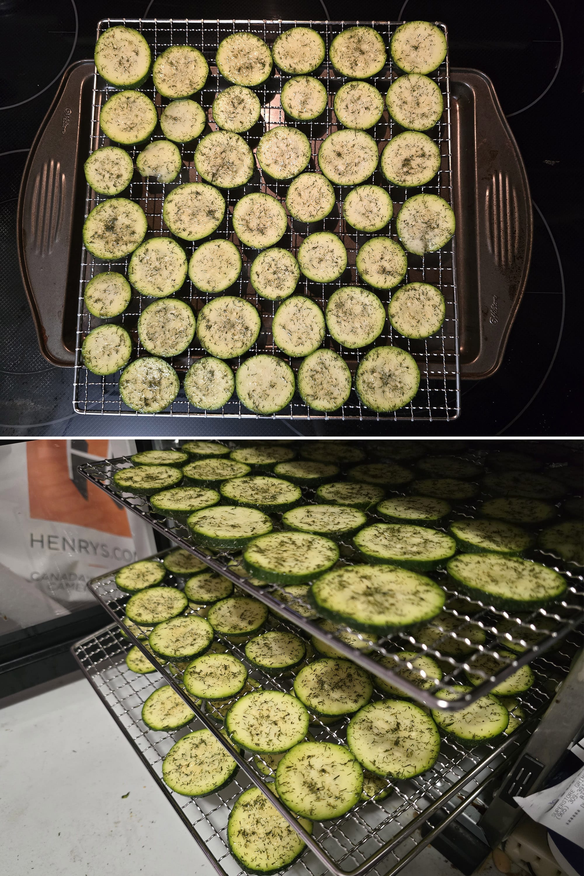 2 part image showing seasoned and marinated zucchini rounds on a wire rack, then 3 racks of prepared zucchini chips in a food dehydrator.