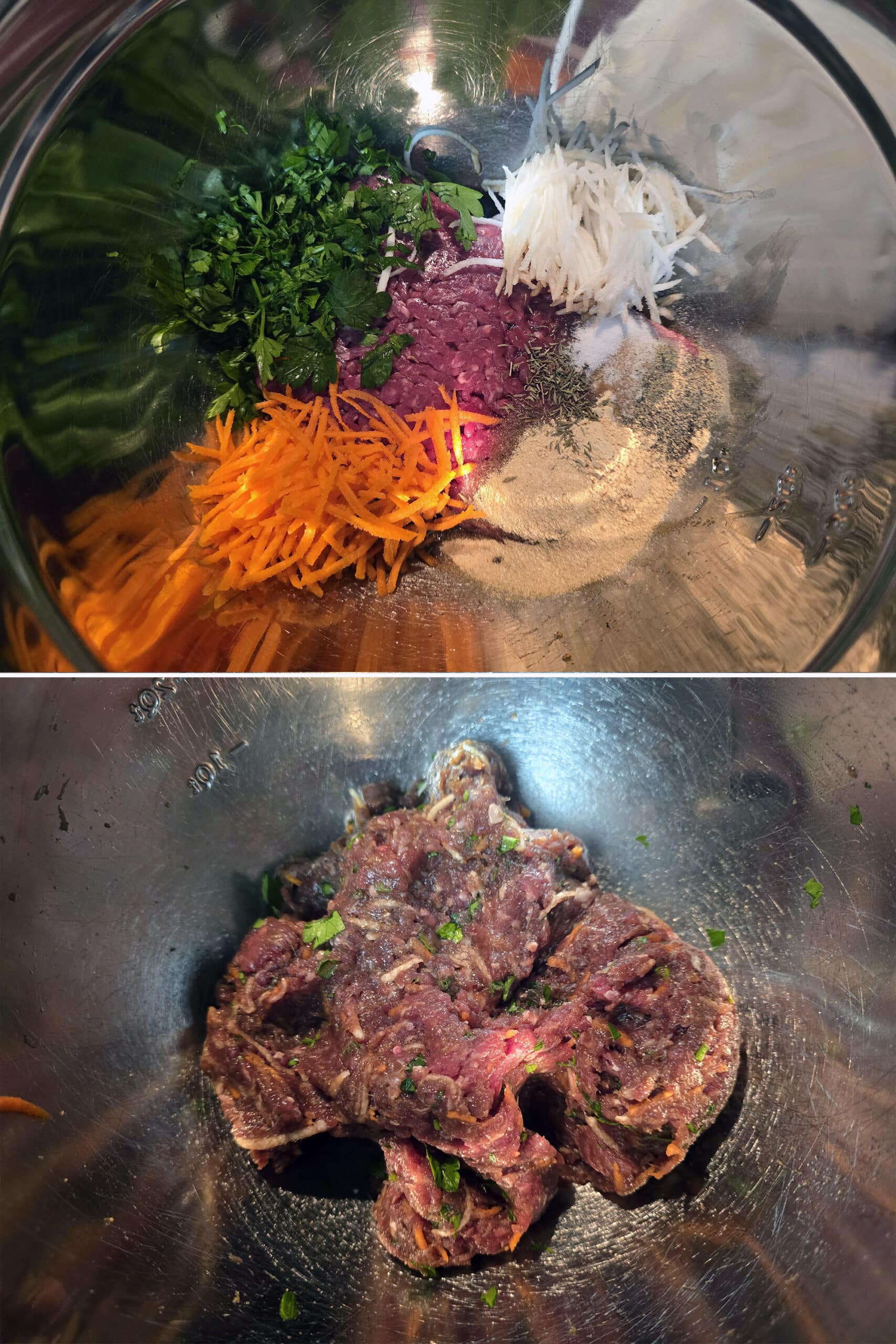 2 part image showing carrots, turnips, parsley, and seasoning ingredients being mixed into lean ground beef,
