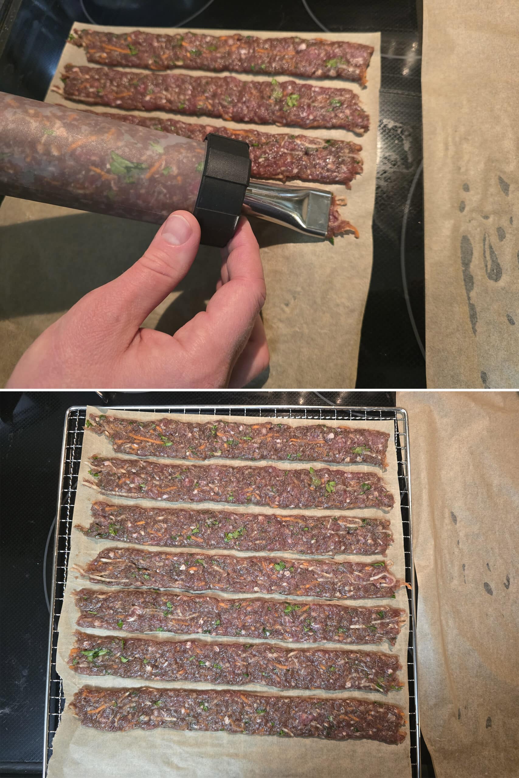2 part image showing irish stew beef jerky mixture being piped onto parchment then placed on a dehydrating rack.
