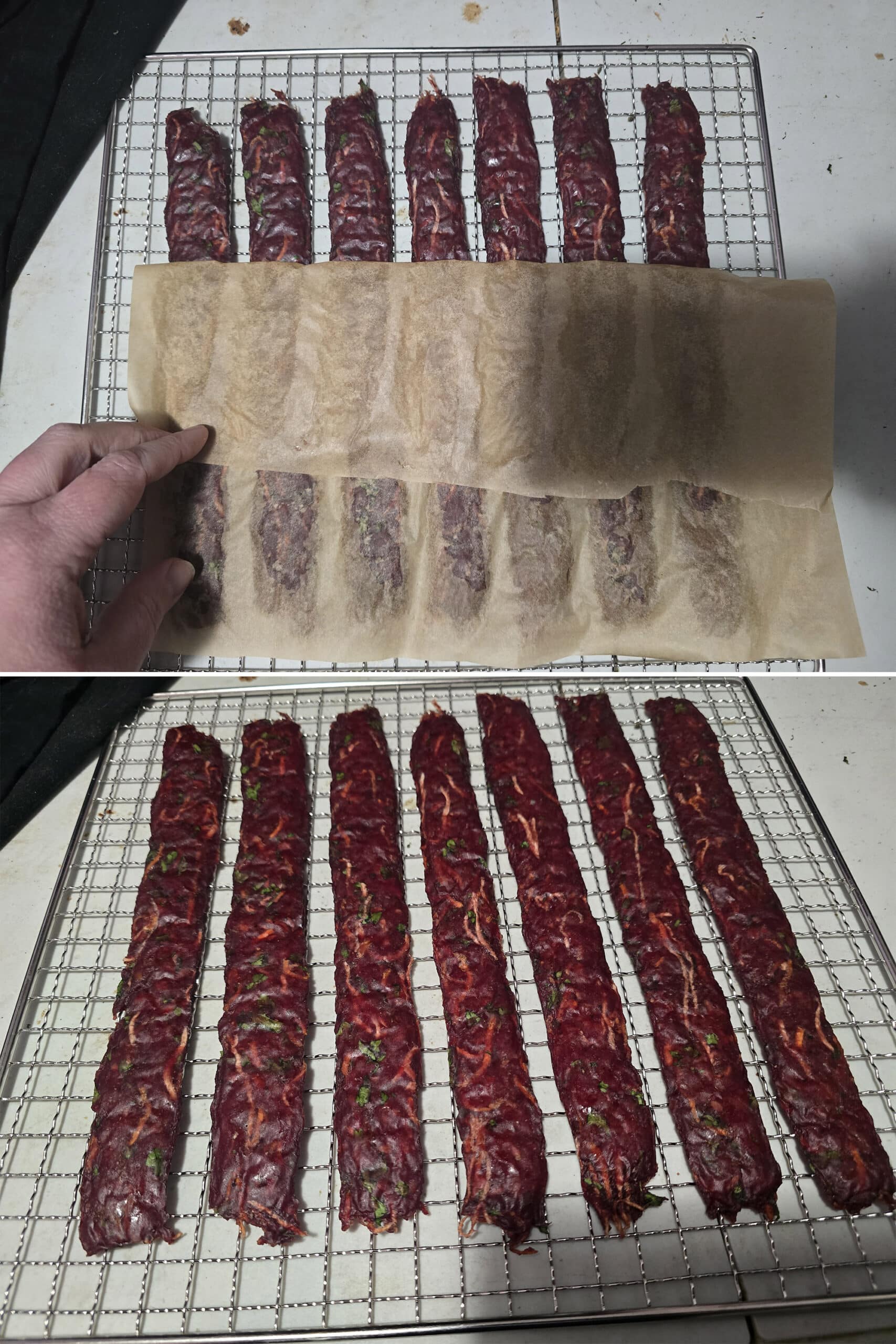 2 part image showing a rack of irish stew beef jerky being flipped and the parchment paper peeled off it.