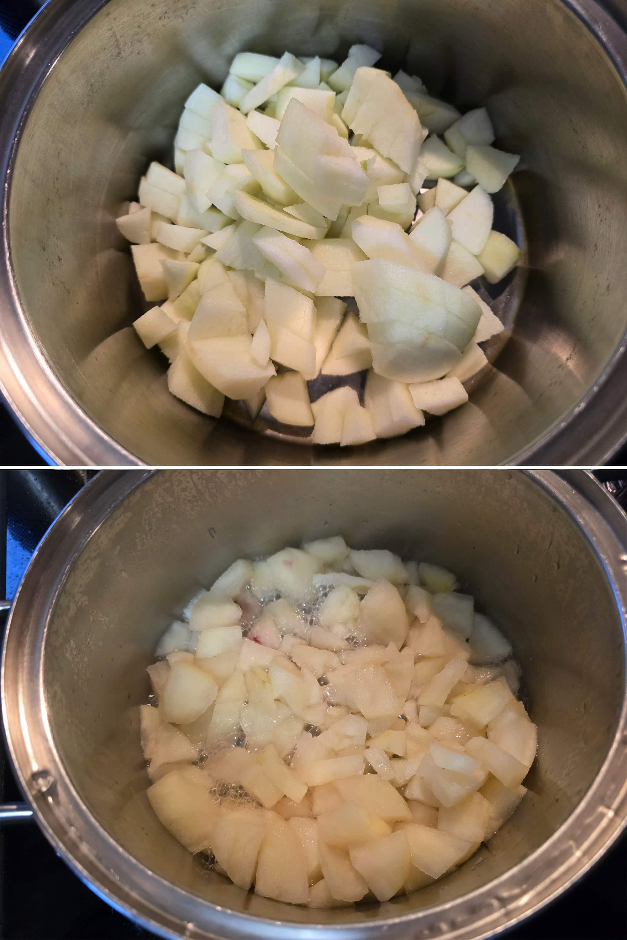 2 part image showing chopped apples in a pot, then those apples after simmering.