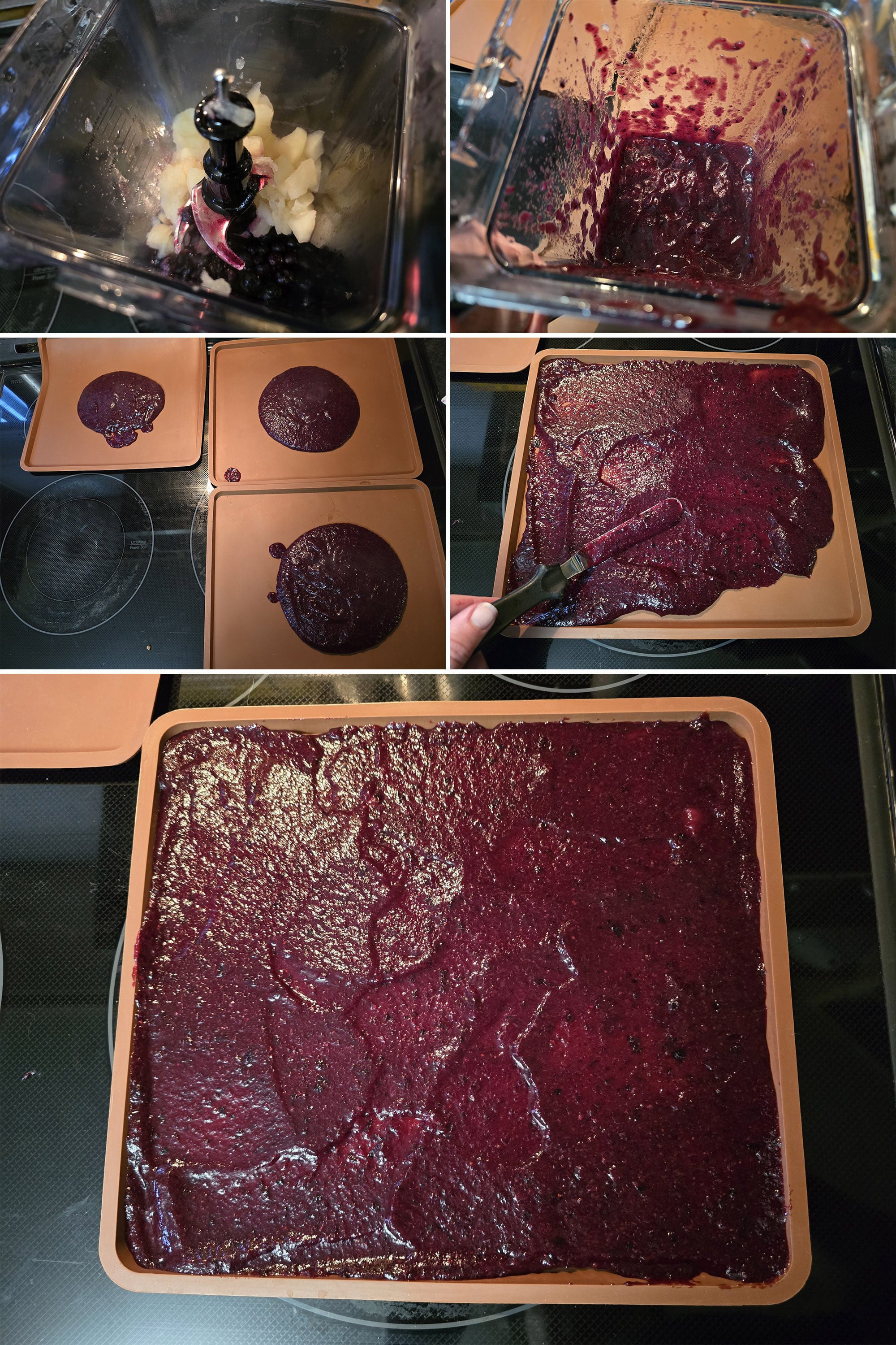 5 part image showing blueberries and cooked apples pureed in a food processor, then spread in silicone pans.