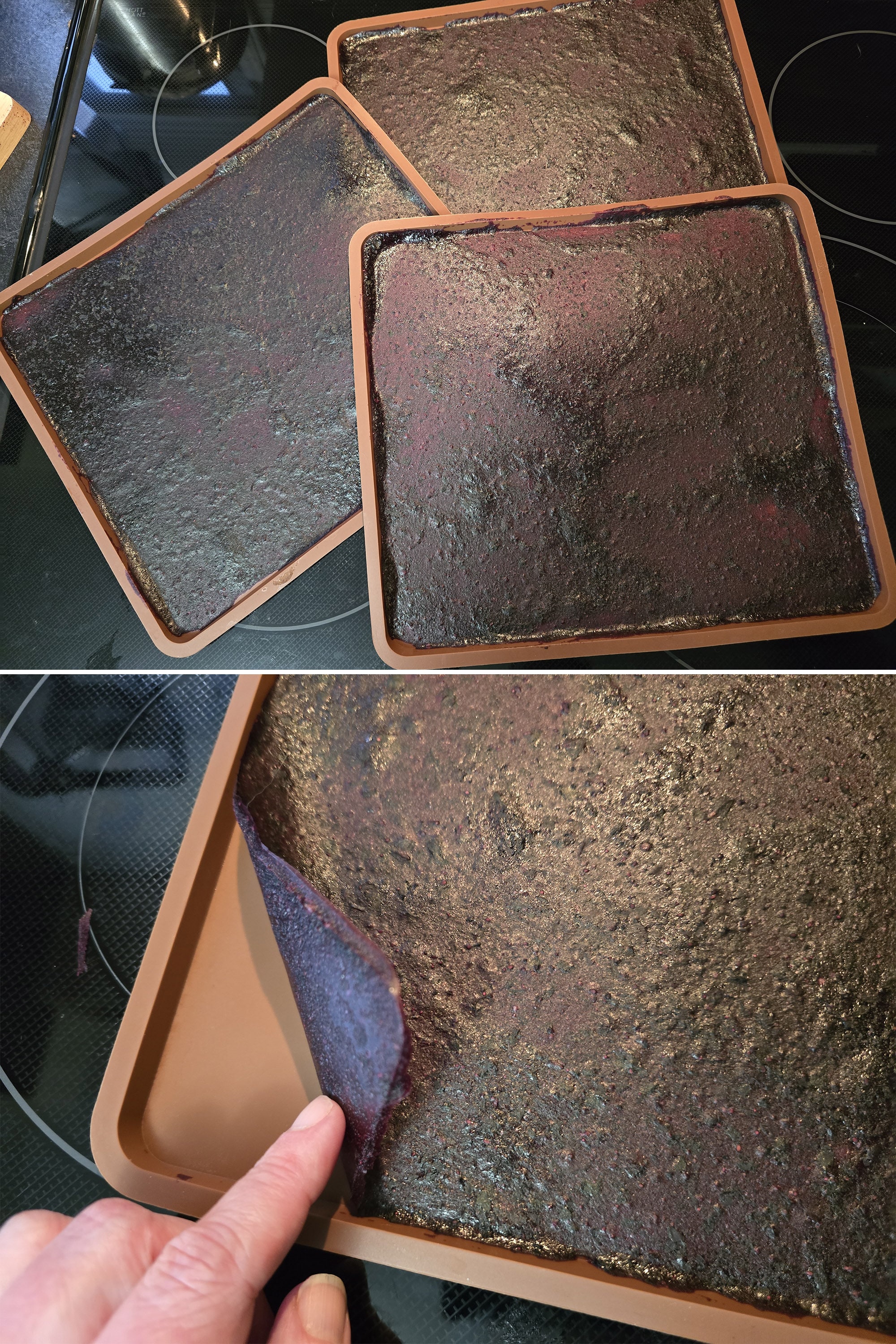 2 part image showing dried blueberry apple fruit roll up in silicone pans, with one corner being pulled up