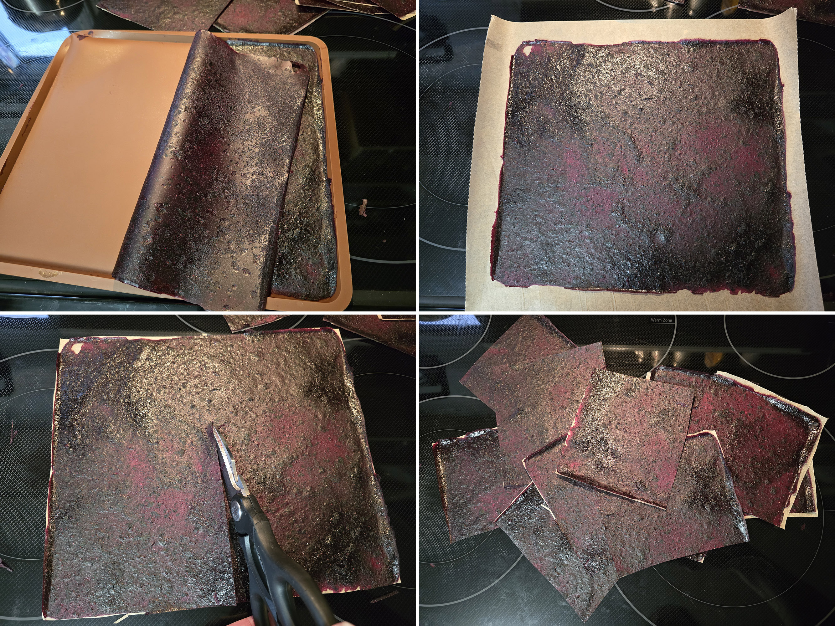 4 part image showing homemade apple blueberry fruit rolls ups being pulled from then silicone pan, placed on parchment paper, and cut into squares.