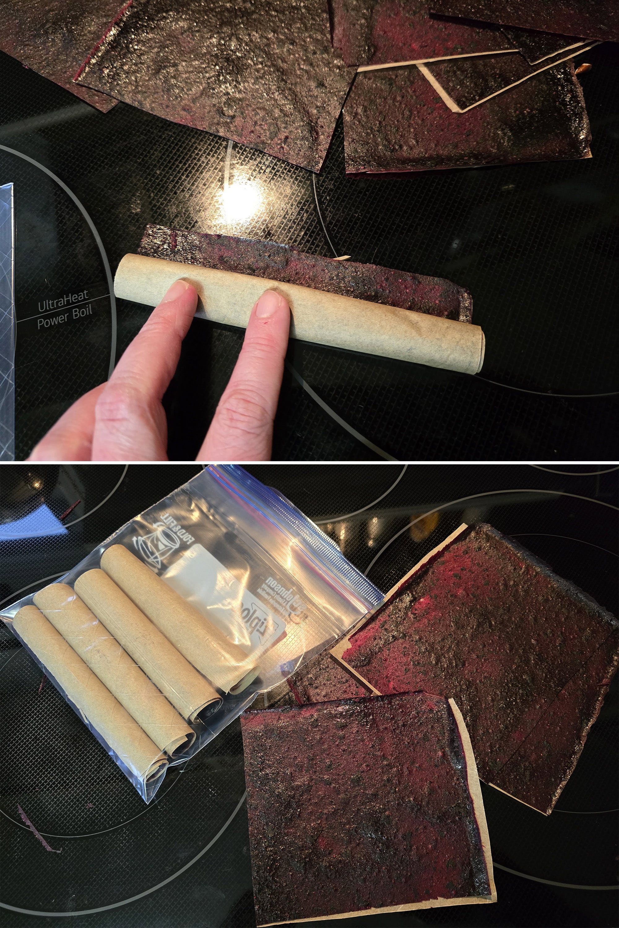 2 part image showing homemade blueberry apple fruit leather being rolled and stored in a plastic baggie.