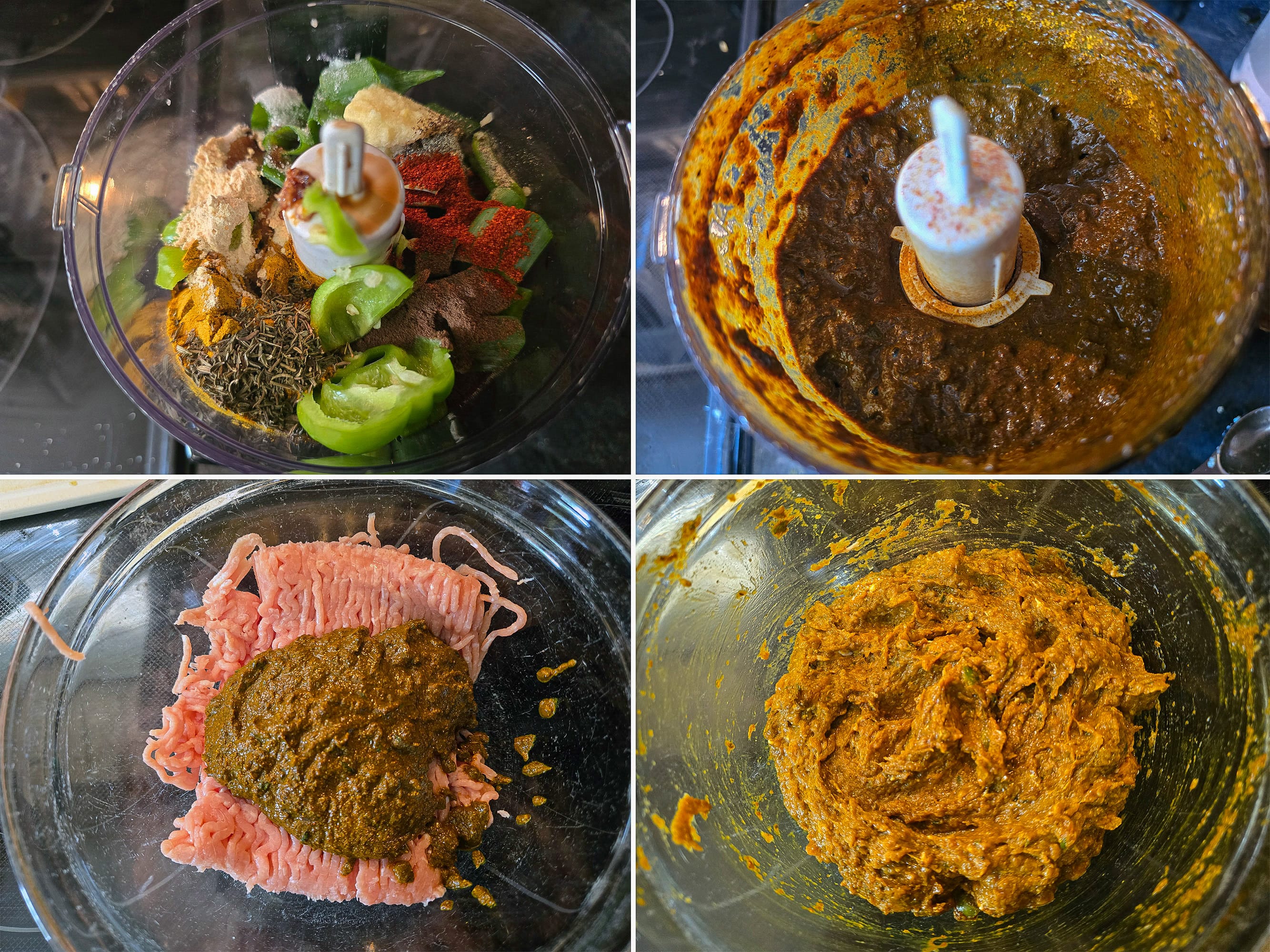 4 part image showing the flavour ingredients being blended together, then mixed into the ground chicken.
