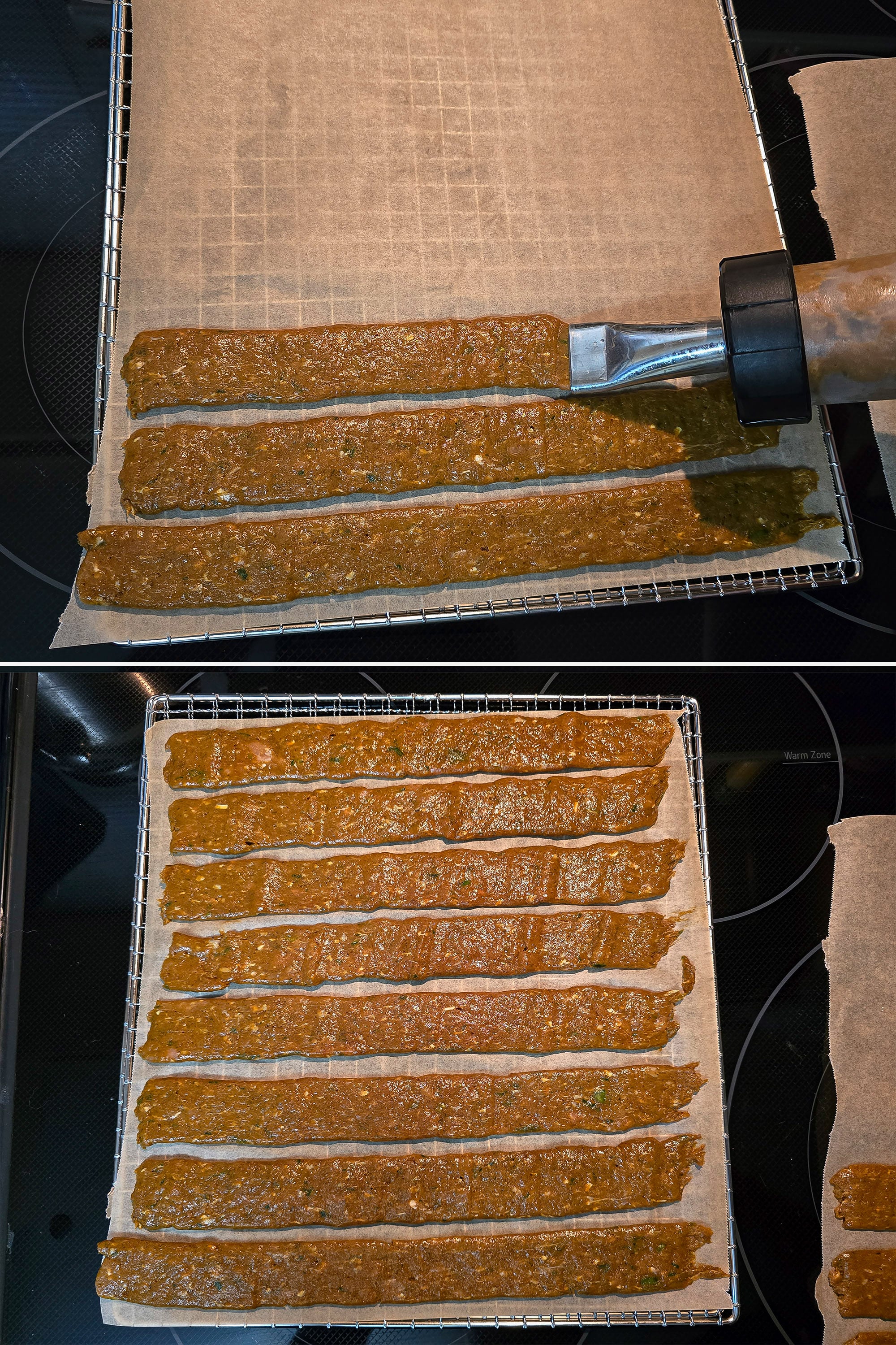 2 part image showing caribbean curry chicken jerky mixture being piped out into sticks on a piece of parchment paper.