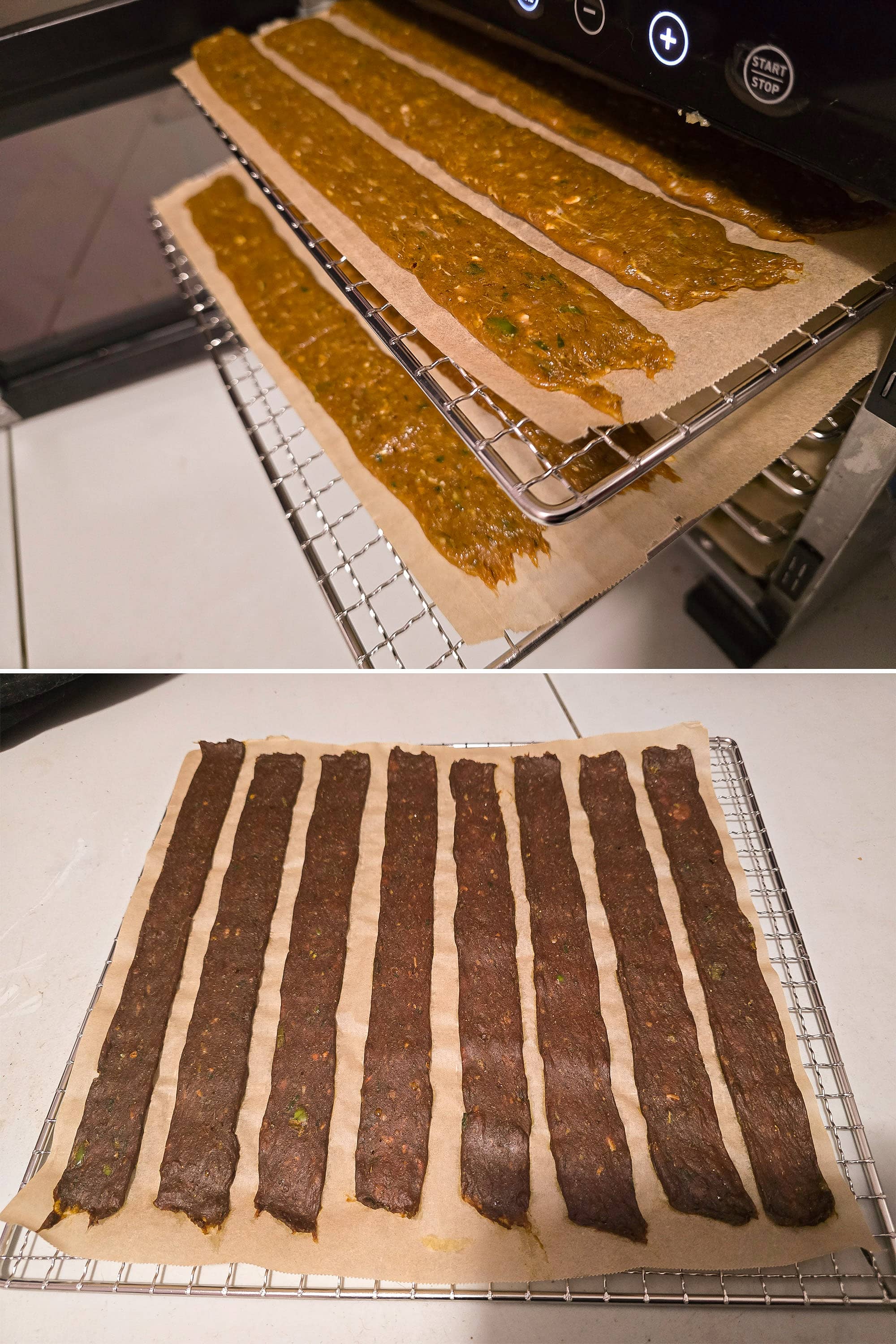 2 part image showing racks of caribbean curry chicken jerky, before and after the first drying time.
