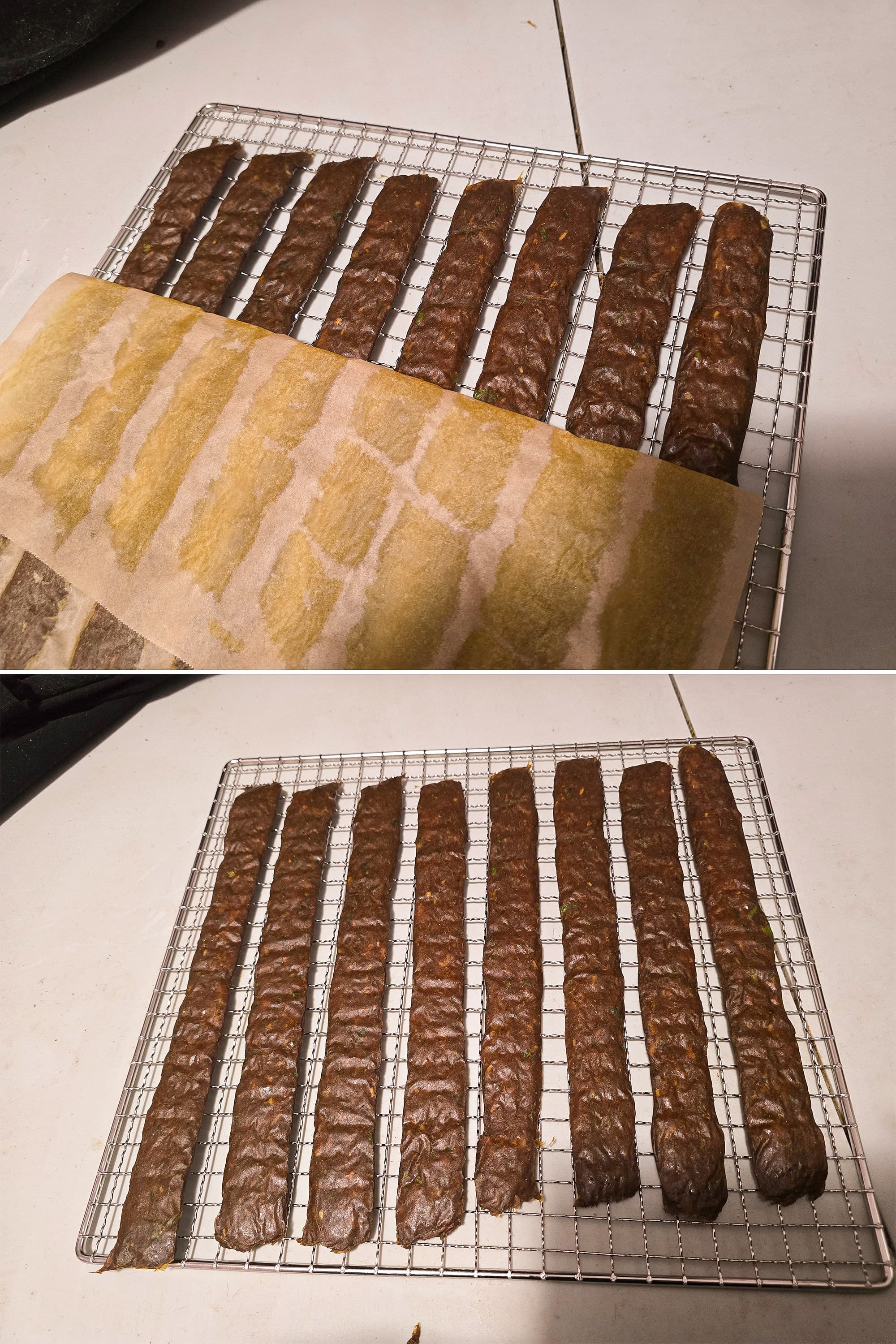 Parchment paper being peeled off a rack of caribbean curry chicken jerky.