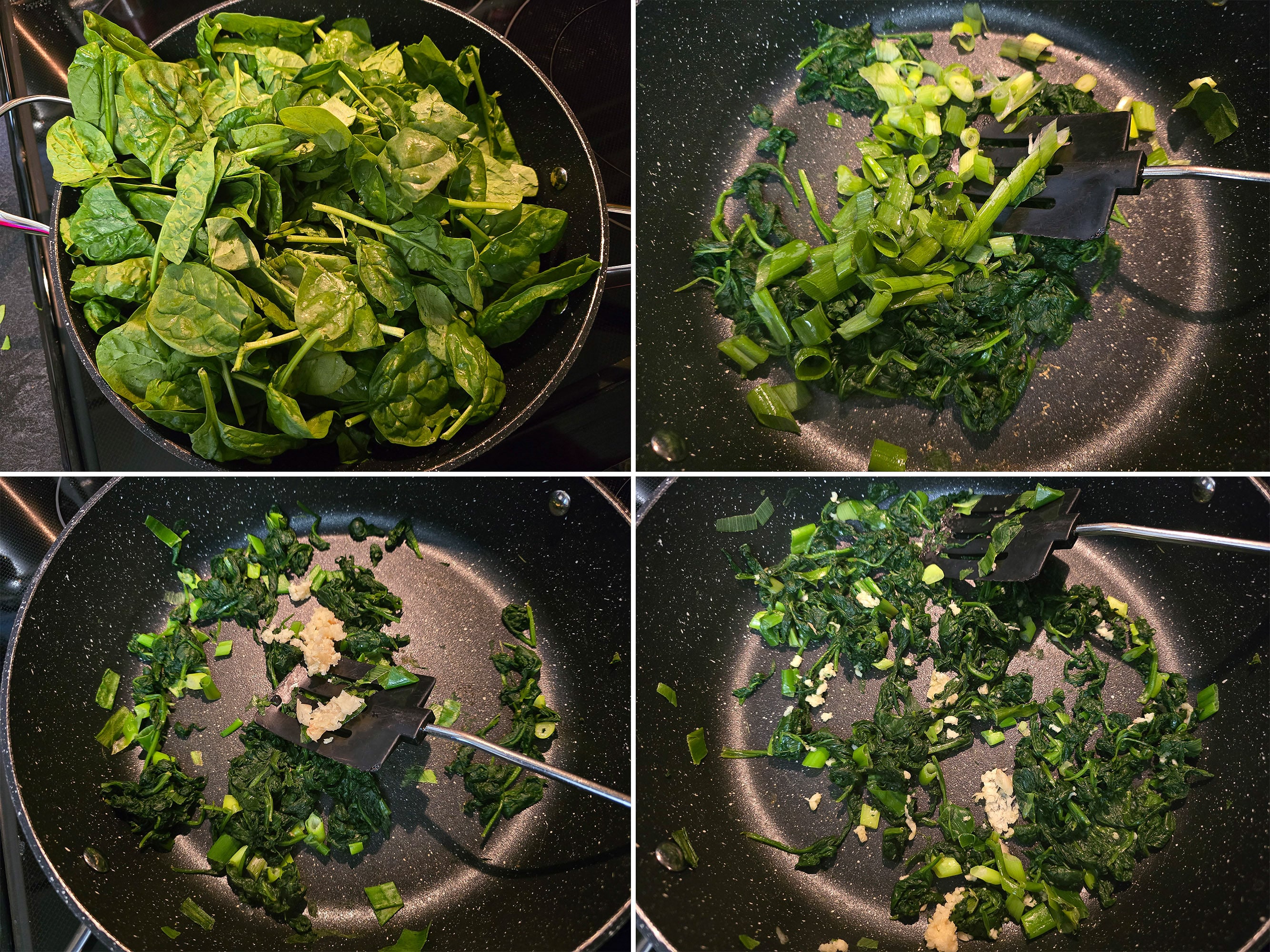 4 part image showing spinach being sauteed with green onions and garlic.
