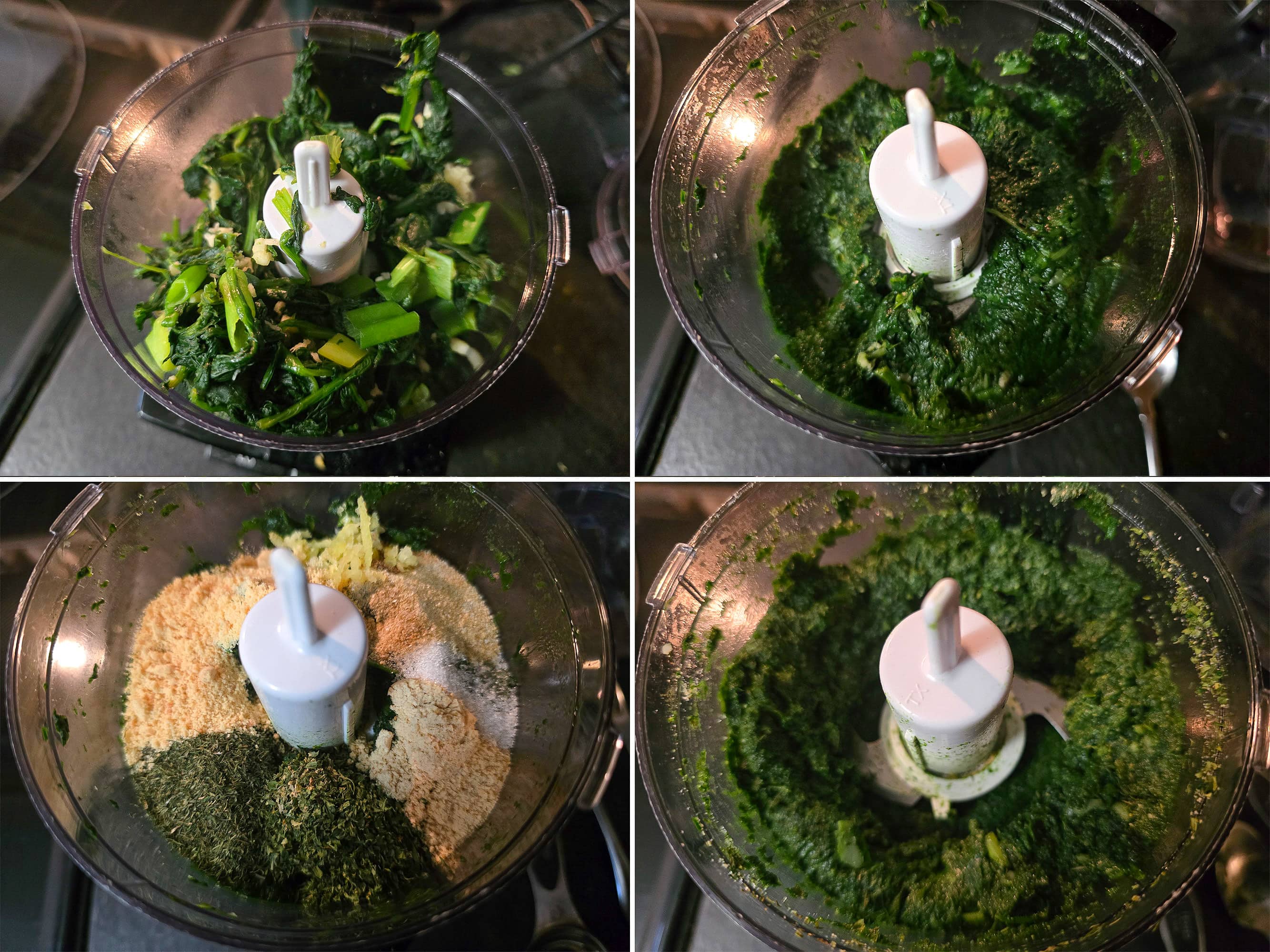 4 part image showing the sauteed spinach being blended with the remaining spanakopita flavour ingredients.