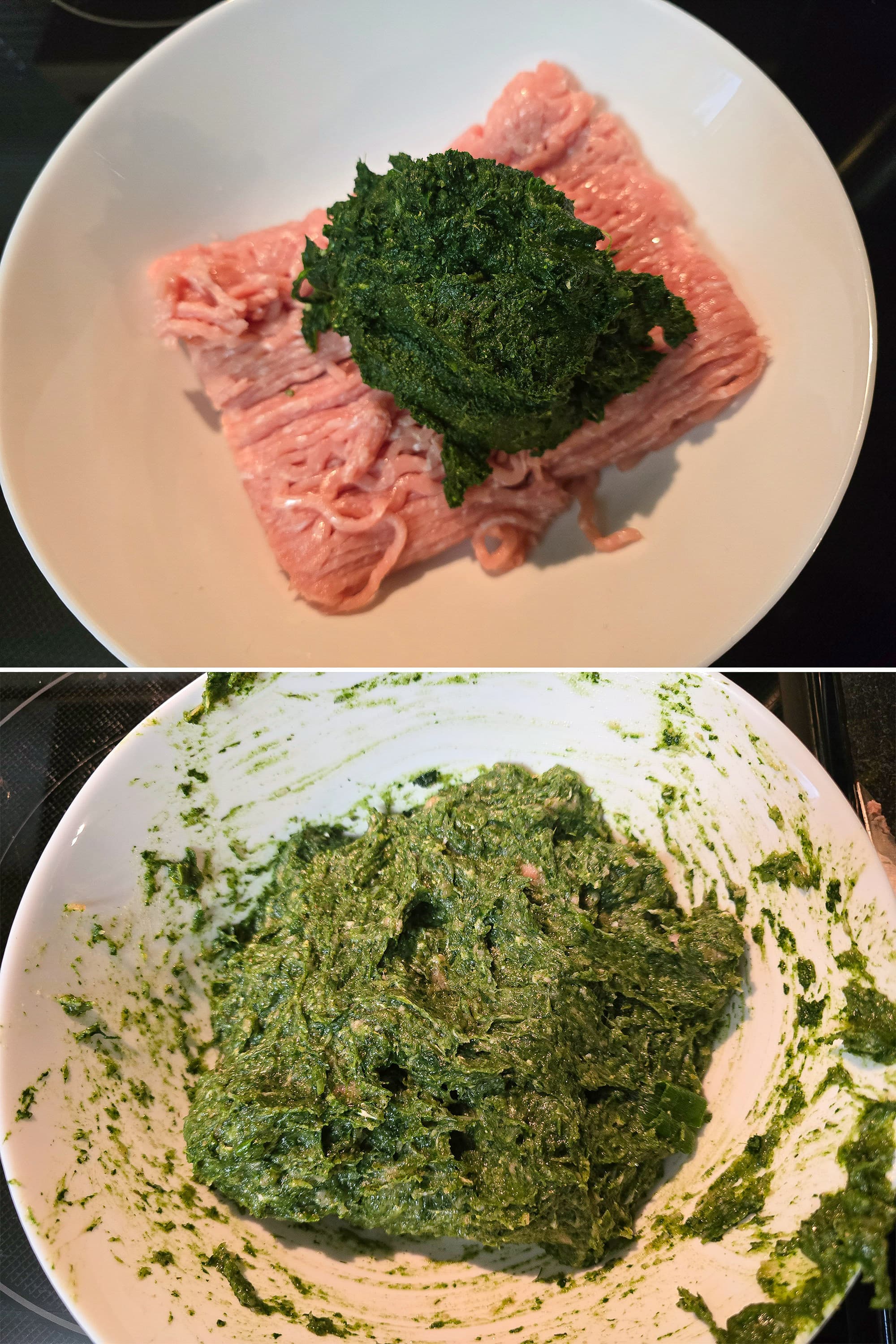 Spinach puree being mixed into ground chicken.