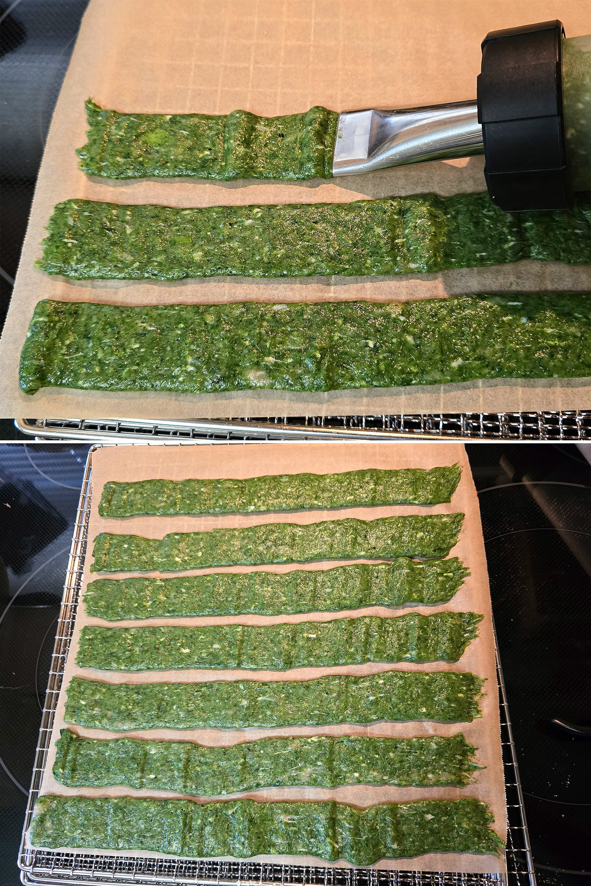 Bright green spinach chicken mixture being piped into strips.