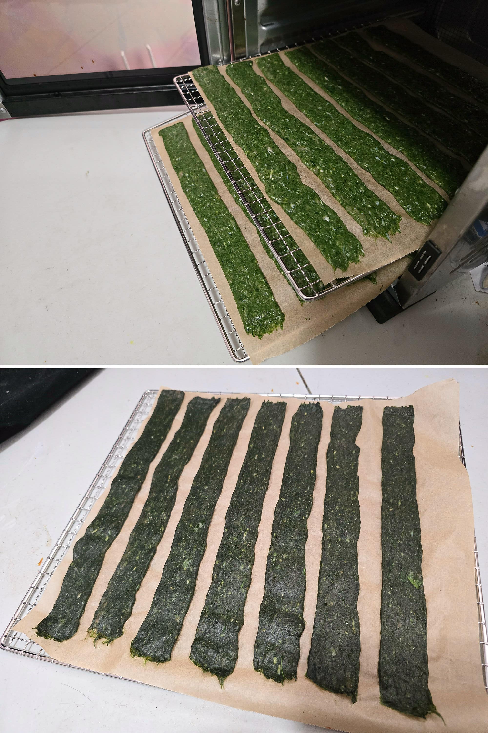 Racks of spinach chicken jerky before and after the first drying time.