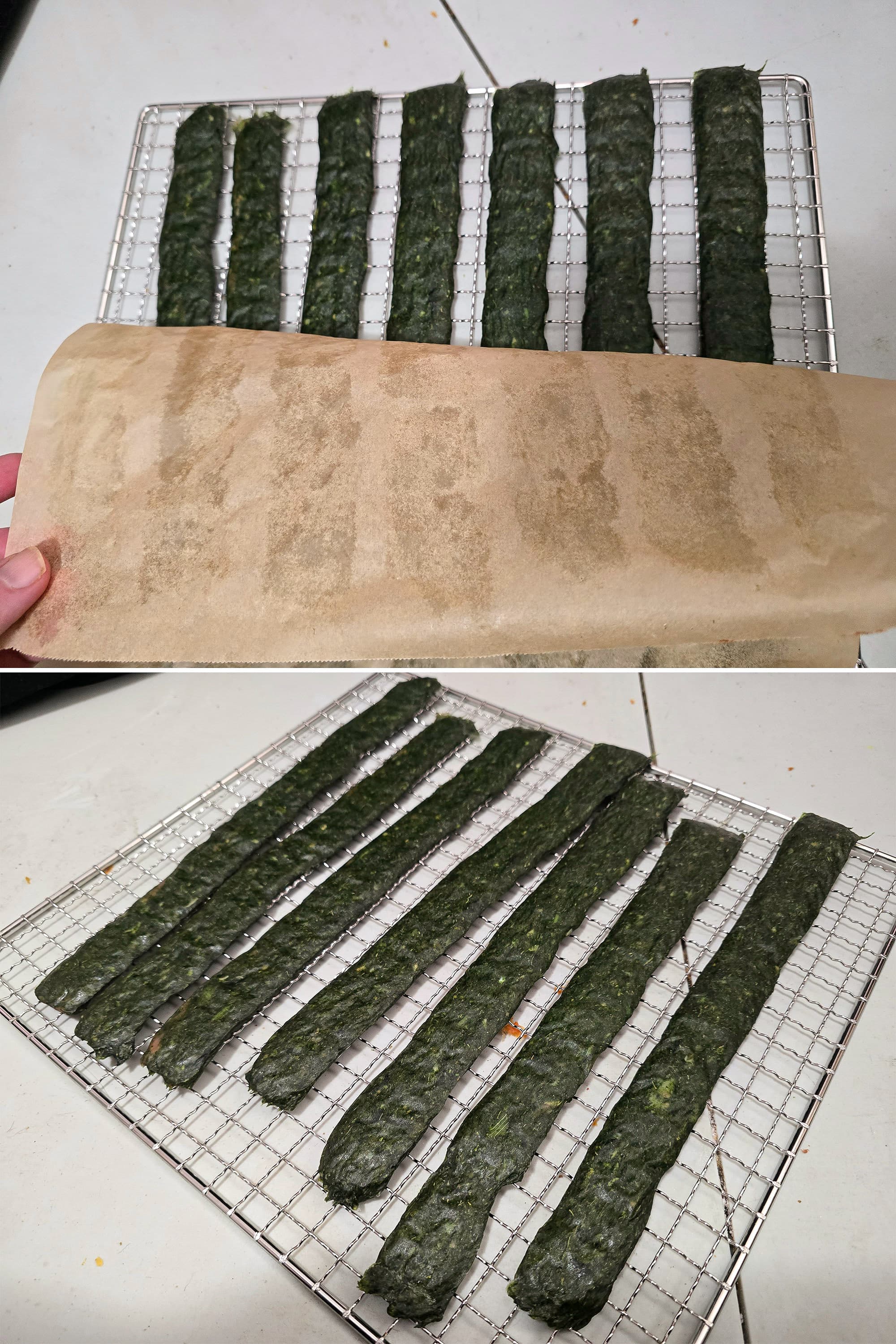 Parchment paper being pulled off a rack of spinach chicken jerky.